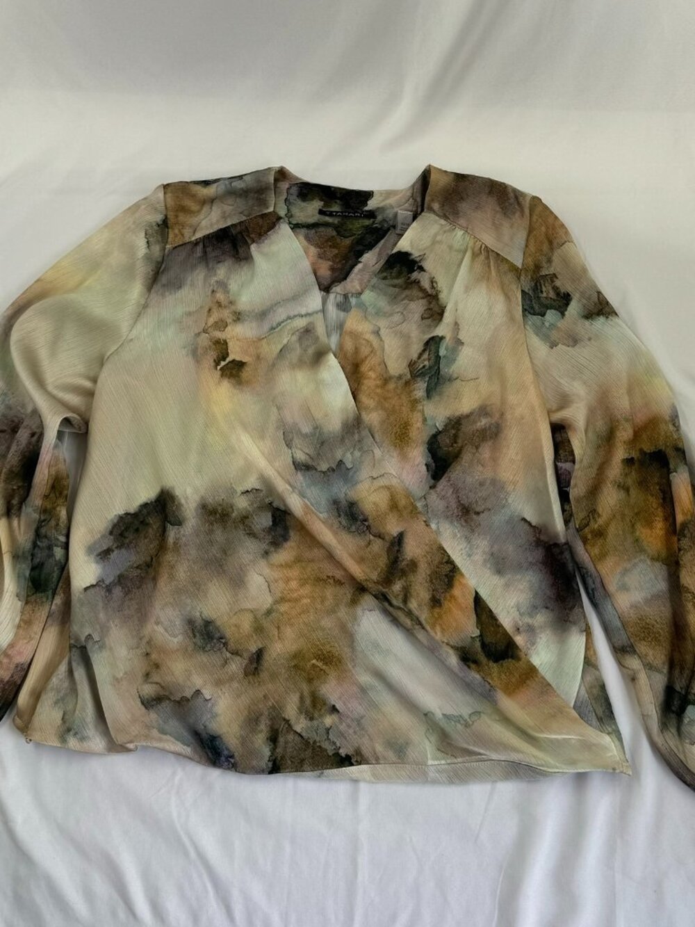 Tahari XS Long Sleeve Wrap Blouse - Cream/Beige, Blue and Green V Neck